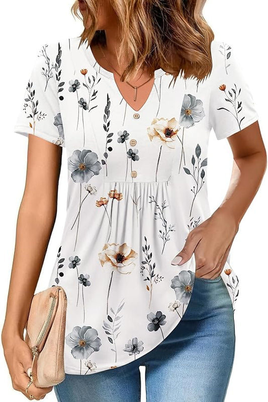 Zeagoo Womens Short Sleeve Tops Summer Henley V-Neck Tshirts Casual Pleated Blouse Dressy Loose Floral Basic Tee by Zeagoo