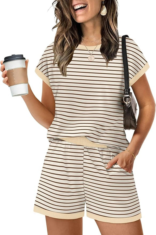 WIHOLL Two Piece Sets for Women Summer Lounge Short Sets Cap Sleeve Crew Neck Sweatsuit with Pocket XS-2XL by WIHOLL
