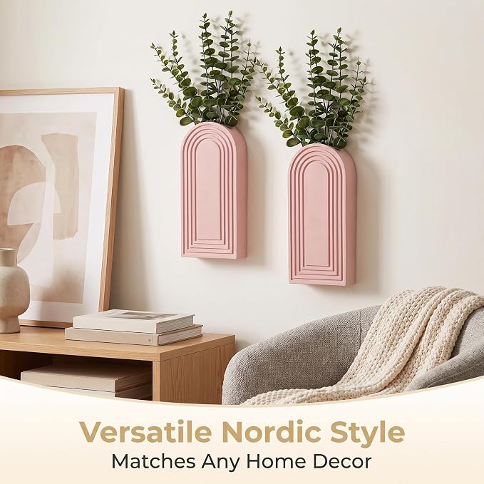 Dnnnii 2 Pack Wooden Wall Vase Set - Pink Finish Modern Farmhouse & Boho Wall Decor for Entryway, Hallway, Bathroom, Living Room, Dining Room, Narrow Spaces - Image 3