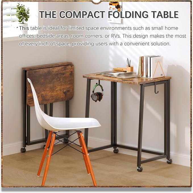 4NM 23.6" Mobile Small Folding Desk, Foldable Rolling Computer Home Office Desk, Study Writing Table for Small Space Saving Bedroom, with Wheels - Rustic Brown and Black - Image 3