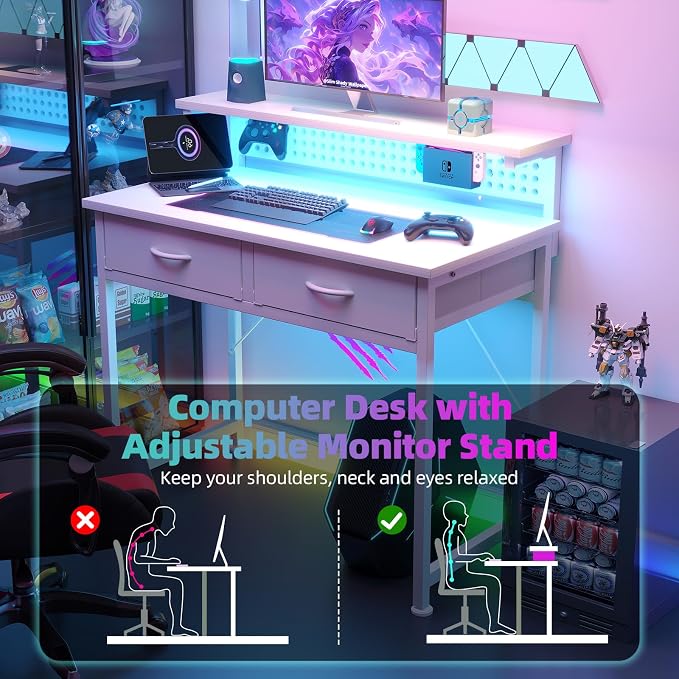 MUTUN Small Desk with Drawers, 31 Inch Computer Desk with Power Outlet & LED Light, Gaming Desk with Adjustable Monitor Stand & Pegboard, Modern PC Study Writing Table for Bedroom, White - Image 4