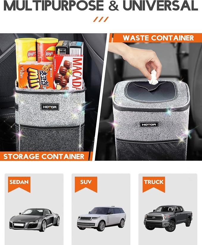 HOTOR Car Trash Can with Lid and Storage Pockets - 100% Leak-Proof Organizer, Waterproof Garbage Can, Multipurpose Trash Bin for Car, 2 Gallons, Sparkle White - Image 6