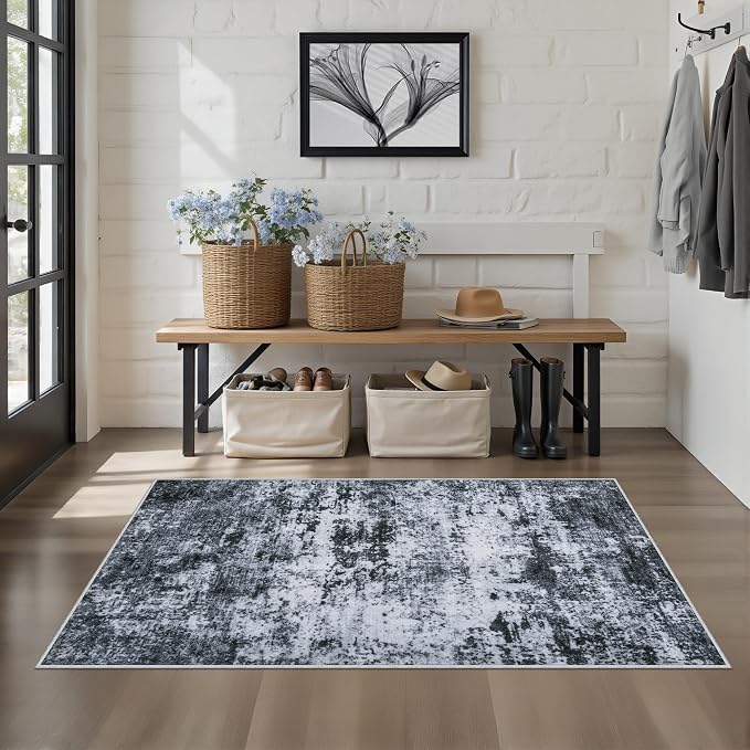 Washable Area Rug 3x5 Entryway Rug: Washable Modern Abstract Soft Thin Rug Indoor Floor No Slip Stain Resistant Carpet for Bedroom Dining Room Farmhouse Nursery Home Office - Black - Image 3