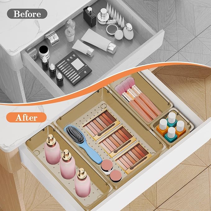 SpaceHacks 25 PCS Plastic Drawer Organizer Set, 4-Size Versatile Organizer Trays & storage Bins for Makeup, Jewelry, and Gadgets in Bathroom, Bedroom and Office,Champagne - Image 4