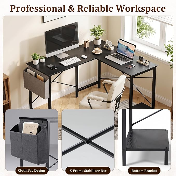 Alpen L Shaped Desk, 50 Inch Computer Desk, Gaming Table Corner Desk for Small Space, Home Office Desk with CPU Stand and Side Storage Bag, Sturdy Writing Workstation for Bedroom, Black - Image 3