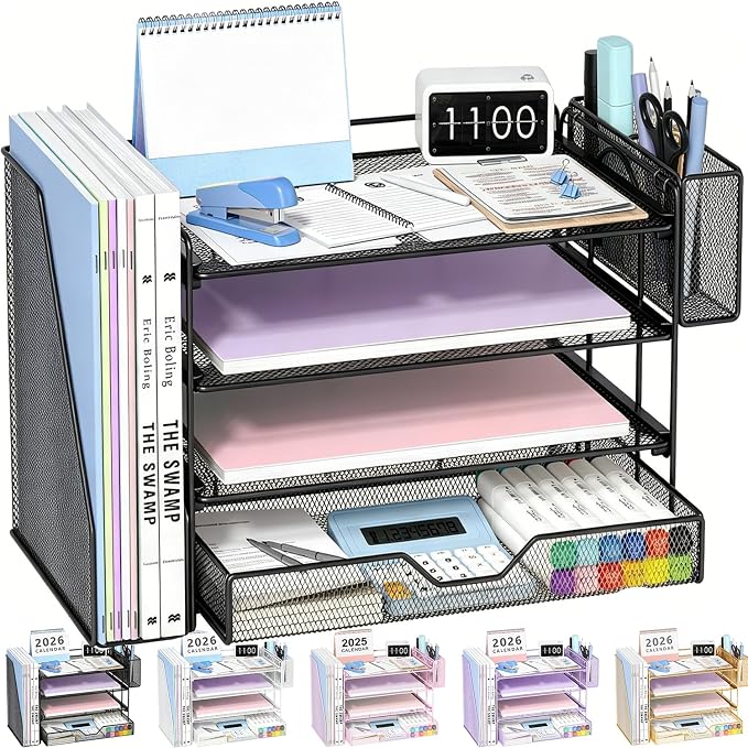 OPNICE Desk Organizers and Accessories, 4-Tier Desktop File Organizer with Drawer and Pen Holders, Office Desk Accessories Workspace Organizers for Office Supplies (Black) by OPNICE