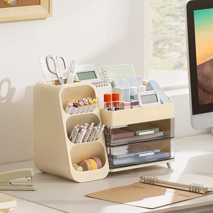 HBlife Desk Organizer with Pen Pencil Holder for Desk, Pen Organizer with 2 Drawers, Desk Organizers and Accessories with 4 Compartments, Desktop Storage for Office Home School Art Supplies, Beige - Image 8