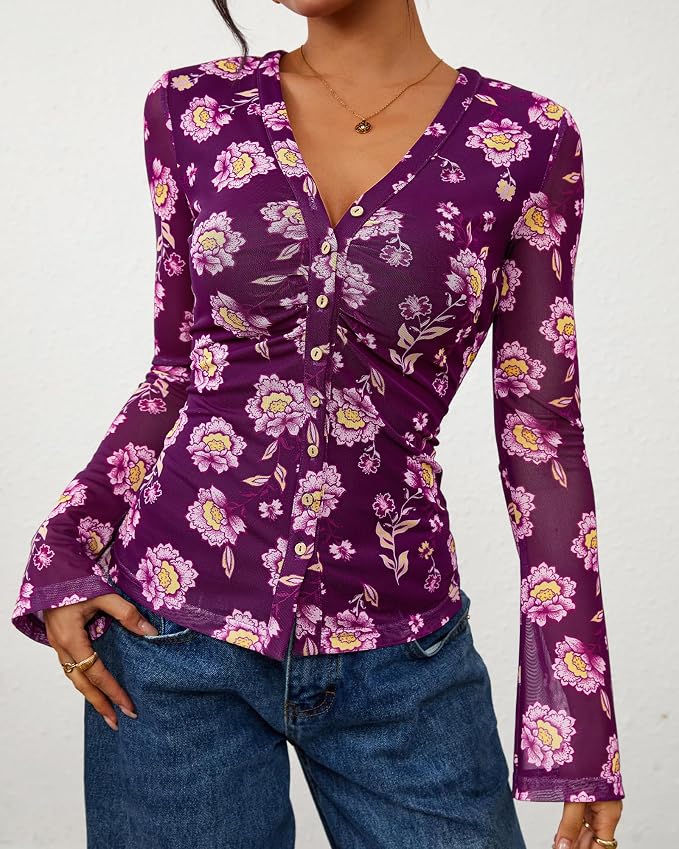 BTFBM Button Down Shirts for Women 2026 Fall Boho Tops V Neck Long Sleeve Blouses Ruched Mesh Fitted Fashion Clothing - Image 2