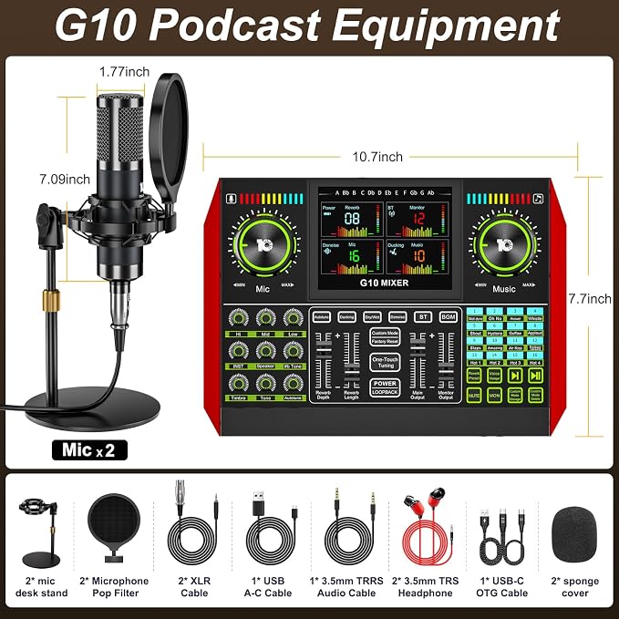tenlamp G10 Podcast Equipment Bundle for 2 with Live Sound Board Audio Mixer - Two Condenser Mics, Voice Changer, Noise Reduction, for PC/Phone Streaming, Gaming, Singing, Podcast, Recording - Image 9