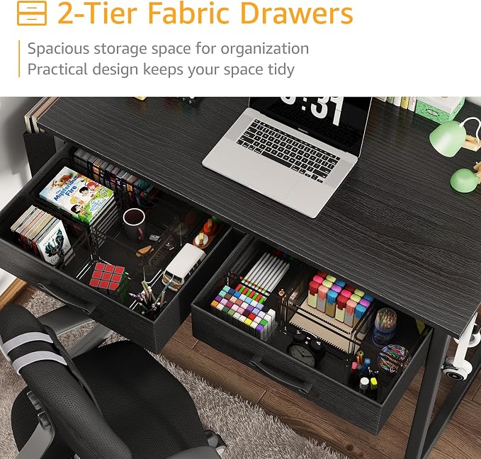 DLisiting Small Desk with Fabric Drawers for Bedroom, 32 Inch Gaming Desk with 2 Drawers for Small Space, Study Writing Table PC Desks, Black - Image 6