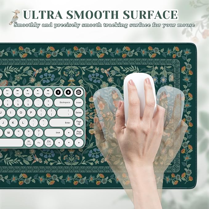 iCasso Aesthetic Flower Mouse Pad,23.6x13.7in,Deep Green | Vintage Desk Matt for Desktop, Anti-Slip Mousepad with Stitched Edges for Laptop Computer Keyboard - Image 3