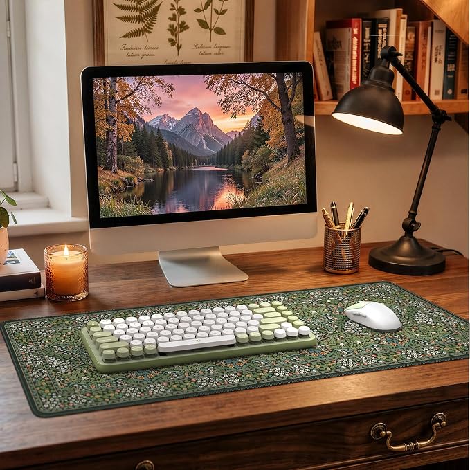 iCasso Aesthetic Floral Desk Mat, 31.5x11.8in Mouse Pads, Retro Green | Anti-Slip Mousepad with Stitched Edges, Waterproof Computer Pad, Desk Accessories Office Decor for Women - Image 8