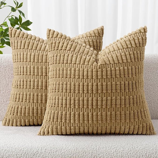 MIULEE Pack of 2 Corduroy Decorative Throw Pillow Covers 18x18 Inch Soft Boho Striped Pillow Covers Modern Farmhouse Home Decor for Sofa Living Room Couch Bed Khaki by MIULEE