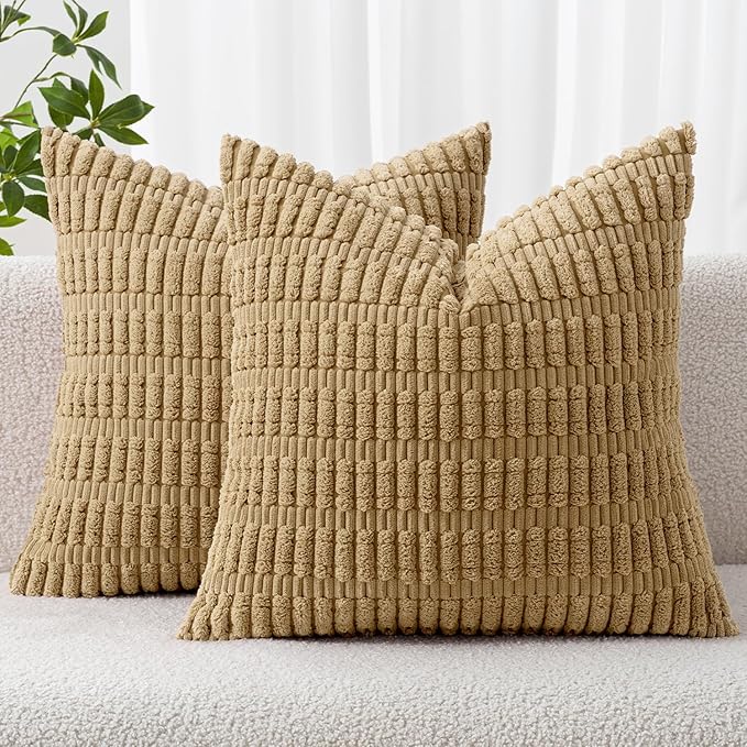 MIULEE Pack of 2 Corduroy Decorative Euro Sham Throw Pillow Covers 22x22 Inch Soft Boho Striped Pillow Covers Modern Farmhouse Home Decor for Sofa Living Room Couch Bed Khaki by MIULEE