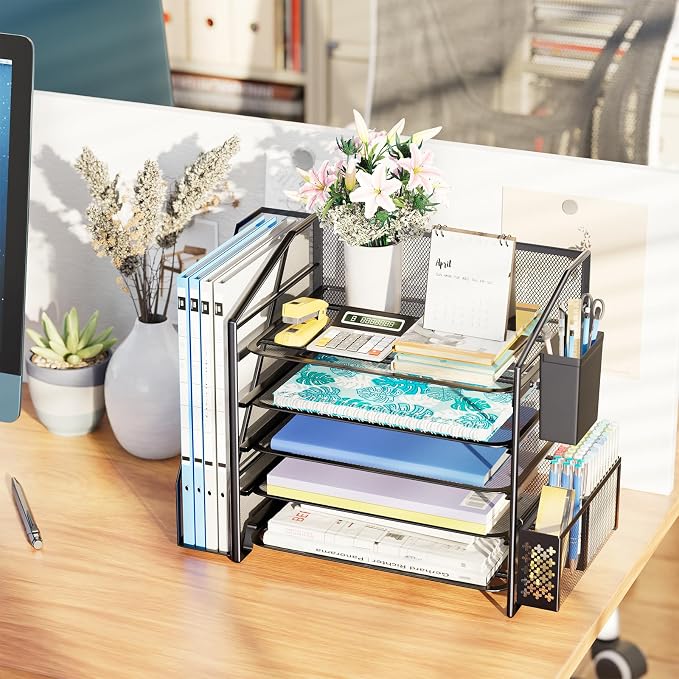 Simple Trending 5-Tier Desk File Organizer, Paper Organizer, Black | Adjustable Letter Trays, Pen Holder & File Shelf, Durable Steel Mesh, Space Saving, for Home Office, 17.5"L x 9"W x 13"H - Image 5