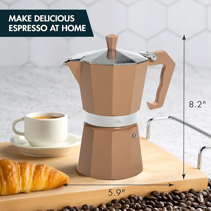 Primula Classic Moka Pot Stovetop Espresso and Coffee Maker, Italian and Cuban Cafetera for Rich Espresso Brewing, Durable Aluminum Greca Coffee Maker with Easy Grip Handle, 6-Cup, Caramel - Image 2