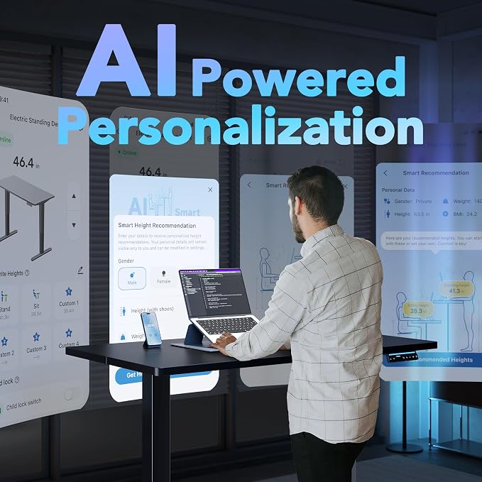 HUANUO 32" AI Smart Standing Desk with App-Synced Sedentary Reminders, Electric Height Adjustable Desk with Body-Data Ergonomic Presets, Voice Control Alexa/Google/Siri, 3 Memory Settings Table, Black - Image 3