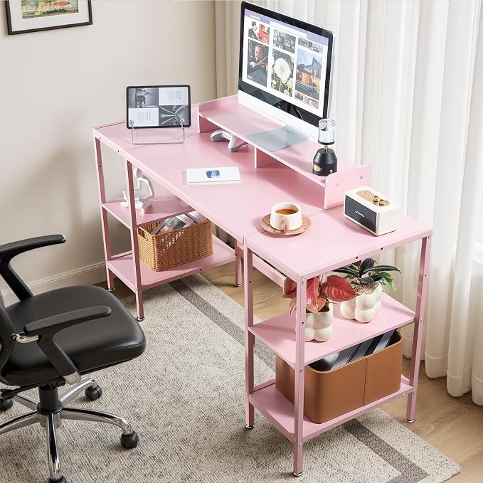 MINOSYS Computer Desk 55-inch with Storage Shelf - Pink Ideal Gaming Desk for Bedrooms, Small Spaces, and Home Offices Modern Writing Desk for PCs. - Image 2