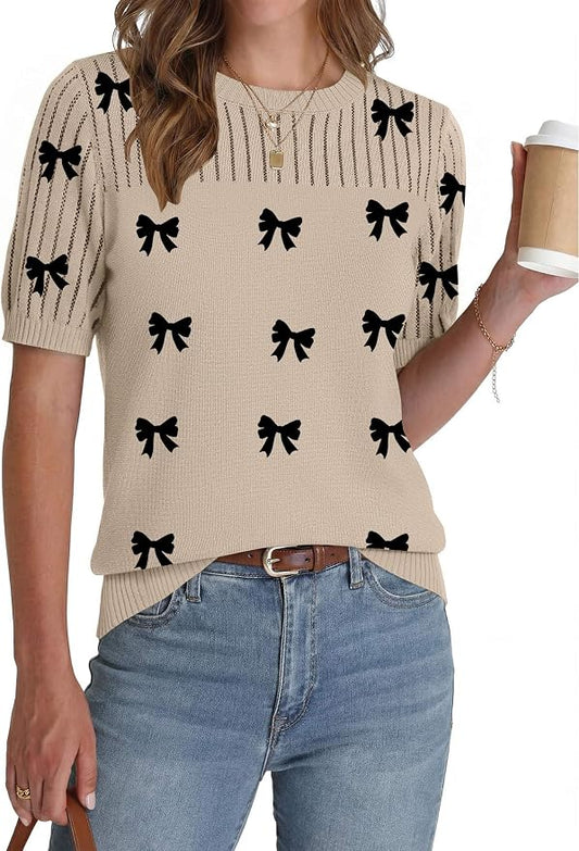 Zeagoo Women's Short Sleeve Sweater Tops 2026 Spring Summer Crew Neck Hollow Out Blouses Dressy Business Casual Outfits by Zeagoo