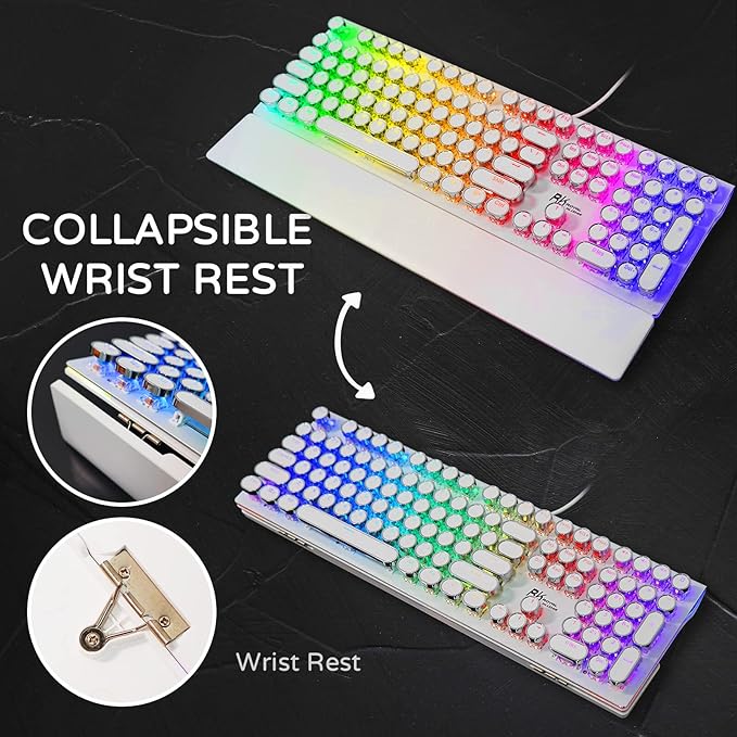 RK ROYAL KLUDGE S108 Typewriter Mechanical Keyboard, Full RGB Gaming Keyboard, Wired PC Game Keyboards with Detachable Wrist Rest and Number Pad, Retro Round Keycaps, Brown Switch White - Image 6