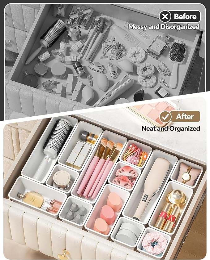Canfanni 13 Pack Plastic Drawer Organizers Set, 3 Sizes Desk Drawer Organizer Trays for Vanity and Makeup Organizer, Organization and Storage for Makeup, Kitchen Utensils, Bathroom and Office(White) - Image 4