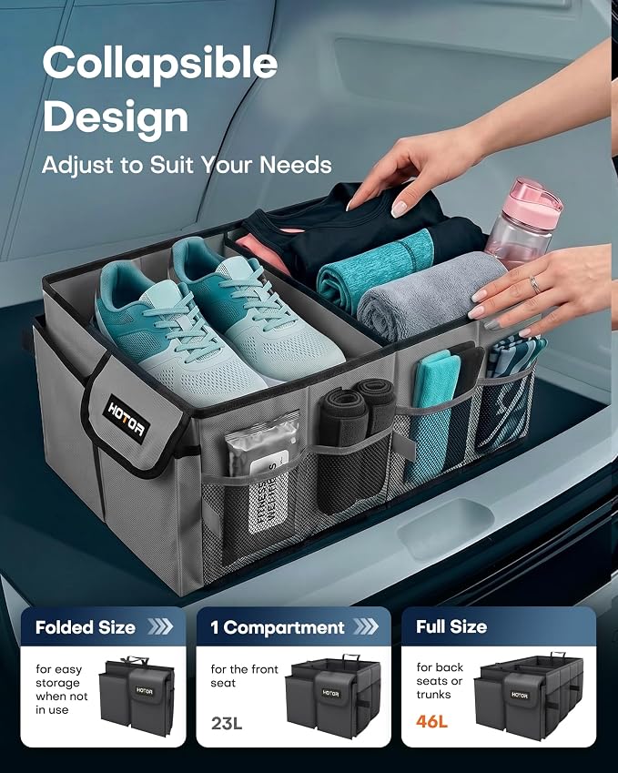 HOTOR Trunk Organizer for Car - Car Organizer, Foldable Trunk organizer for SUVs & Sedans, Sturdy Organization for Car Accessories, Tools, Sundries, Grey, 2 Compartments, 21.3"×12.6"×10.6" - Image 5