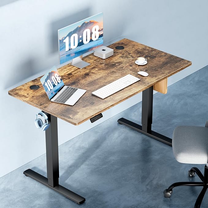 DUMOS 55 Inch Electric Standing Desk, Memory Adjustable Home Office Desk | Sit Stand Up Desk for Work Home Office,Adjustable Desk, Rising Computer Table with Splice Board,Cable Management,Hook,Brown - Image 2