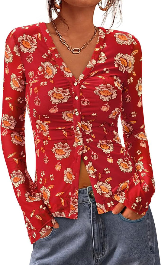 BTFBM Button Down Shirts for Women 2026 Fall Boho Tops V Neck Long Sleeve Blouses Ruched Mesh Fitted Fashion Clothing by BTFBM