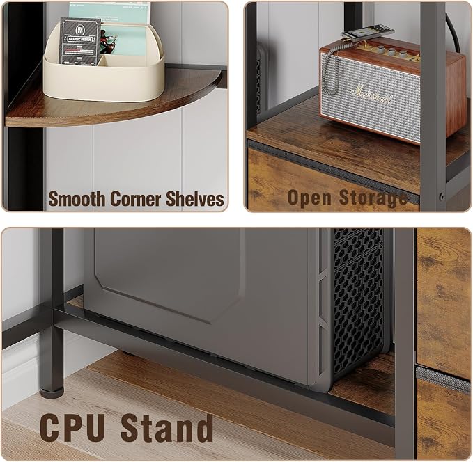 VENNQD Corner Desk with 6 Fabric Drawers Shelves for Small Space Computer Desk with Power Outlets,Gaming Desk with Printer Monitor Stand Storage for Home Office Workstation Writing Table Brown - Image 5