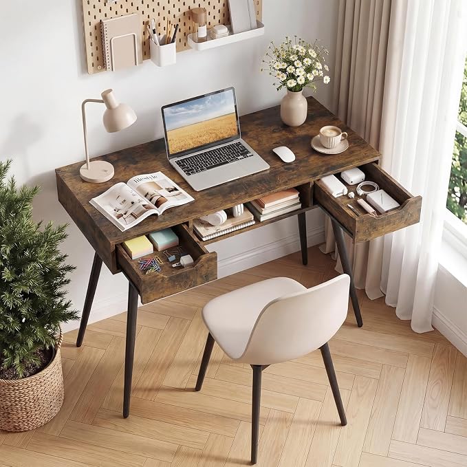 Giantex Mid Century Modern Computer Desk with Drawers, 42.5" Writing Desk with Open Storage Cubby, Vanity Table with Metal Leg, Compact Wooden Study Table for Small Spaces Home Office (Rustic Brown) - Image 9