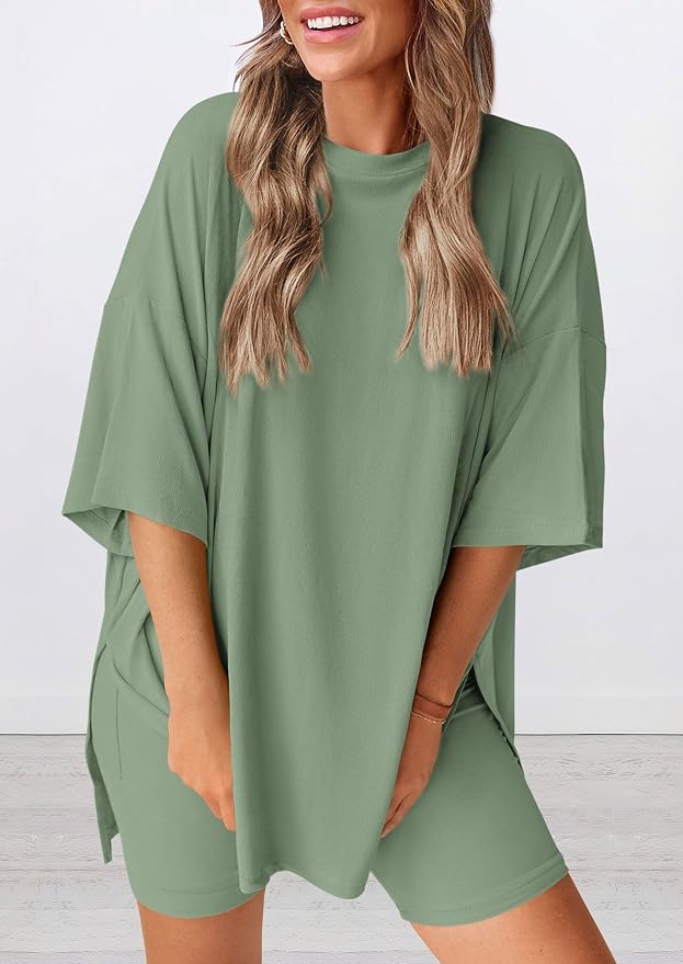 PRETTYGARDEN Women 2 Piece Lounge Set 2026 Summer Casual Oversized Shirts Biker Shorts Matching Airport Travel Outfit Clothes - Image 3