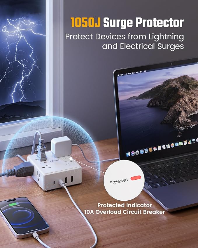 SUPERDANNY Extension Cord,Flat Plug Surge Protector Power Strip,20Ft | 8 AC & 4 USB Ports (2 USB C),Surge Protector with 1050J,Desk Charging Station for Home Office,College Dorm Room Essentials - Image 6