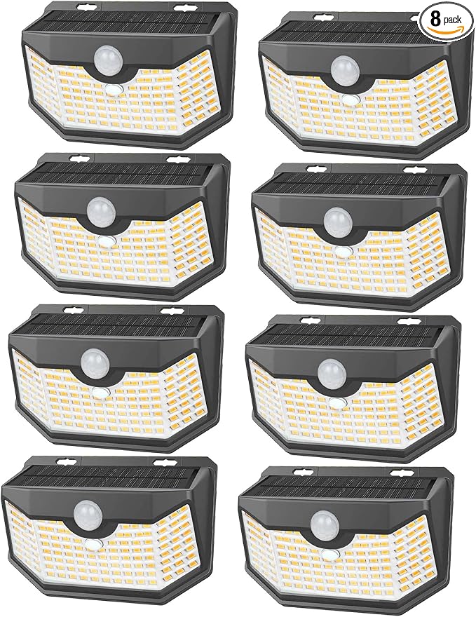 HMCITY 120 LED Outdoor Solar Lights- with Motion Sensor and 3 Lighting Modes, IP65 Waterproof Wide Solar Wall Lights Ideal for Garden Patio Yard (Front Button 8Packs, Black Shell-Warm White) by LightingUpYourLife