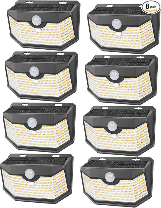 HMCITY 120 LED Outdoor Solar Lights- with Motion Sensor and 3 Lighting Modes, IP65 Waterproof Wide Solar Wall Lights Ideal for Garden Patio Yard (Front Button 8Packs, Black Shell-Warm White) by LightingUpYourLife