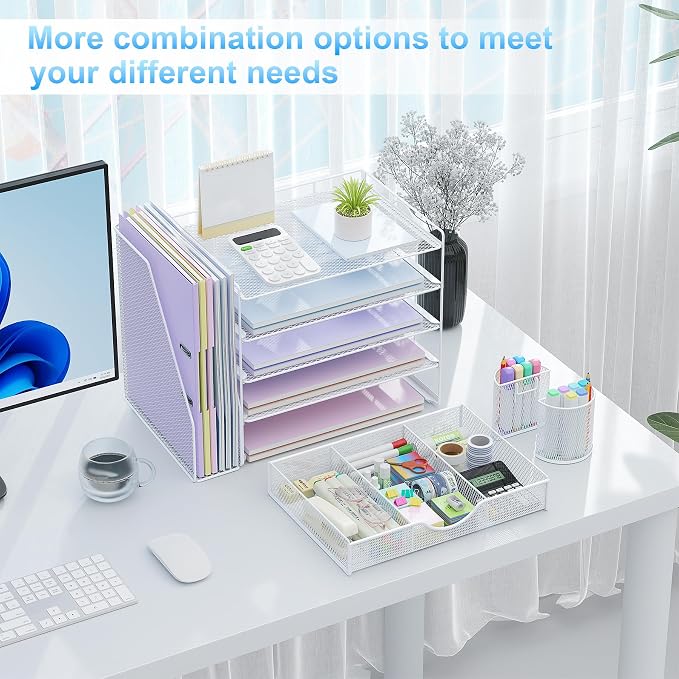 gianotter 5-Tier Desk Organizer with Drawers and File Holders | Letter Trays and Pen Holders - Workspace Accessories for Office Supplies (White) - Image 4