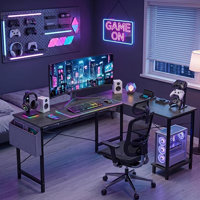 Alpen Gaming Desk, Home Office L Shaped Desk, Small Computer Corner PC Table with Side Bag and Reversible Shelf, Sturdy Writing Workstation for Bedroom, Living Room, Grey - Image 3