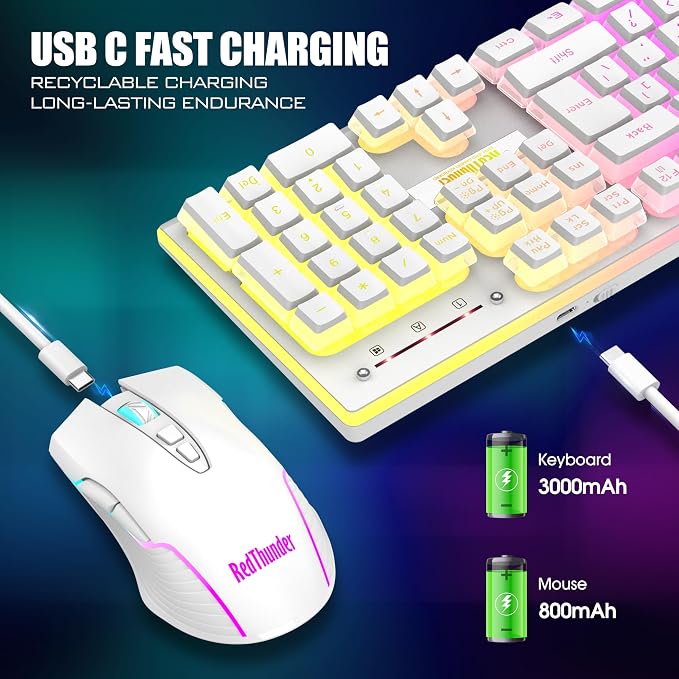 RedThunder K10 Wireless Gaming Keyboard and Mouse Combo, RGB Backlit Rechargeable 3800mAh Battery, Mechanical Feel Anti-ghosting Keyboard + 7D 3200DPI Mice for PC Gamer(White Pudding) - Image 4
