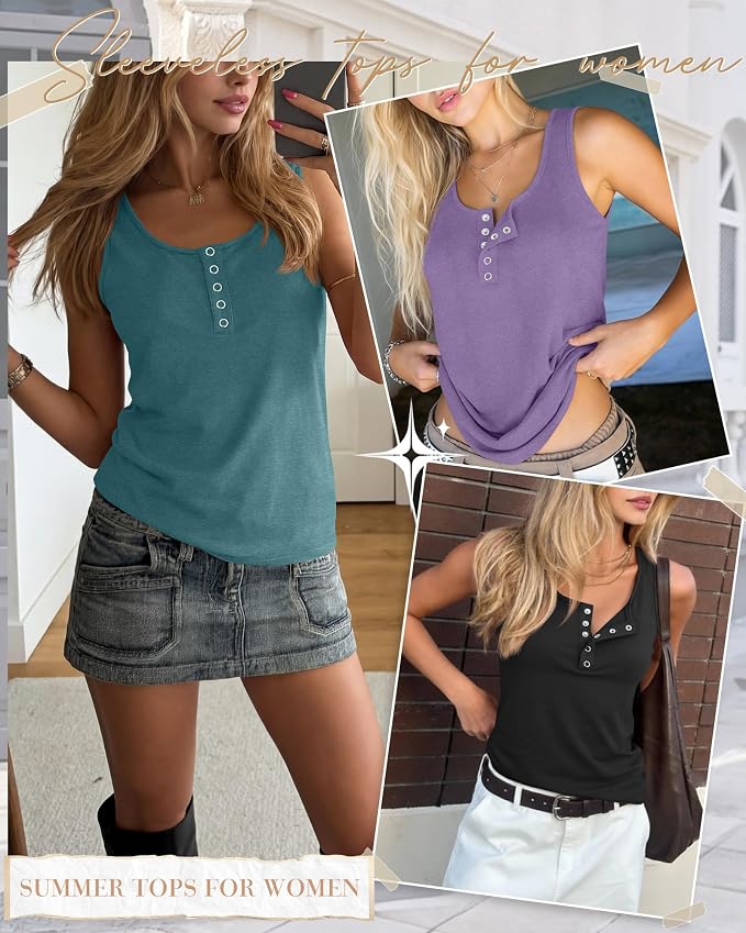 Ficerd 3 Pack Women's Henley Tank Tops Sleeveless Button Down Summer Shirts 2026 Casual Trendy Loose U Neck Tee Blouses - Image 2