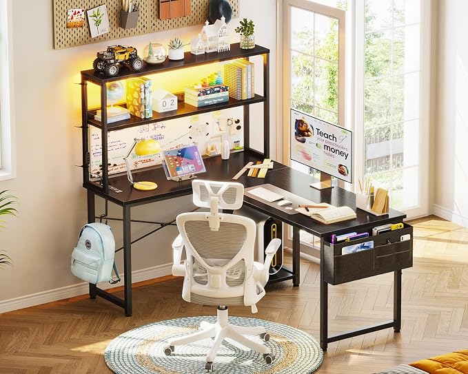 AODK L Shaped Desk Gaming Desk with LED Light & Power Outlet | 43 Inch Black Reversible L Shaped Computer Table with Shelf, Corner Desk with Storage Bag&Hook for Home Office Desk - Image 8