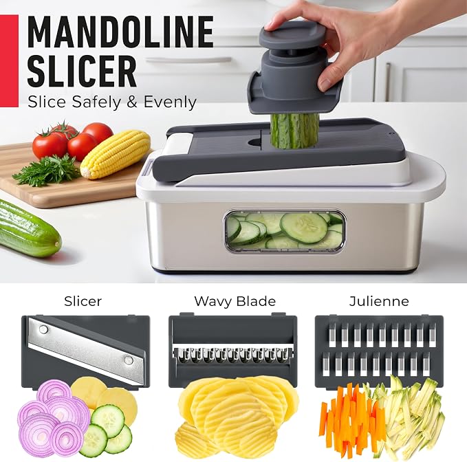MUELLER HOME Pro-Series 10-in-1, Stainless Steel Multi Vegetable Chopper | 8 Blade Mandoline Slicer, Kitchen Accessories and Essentials, Food and Veggie Chopper, Mincer, Dicer, White Sand/Grey - Image 6