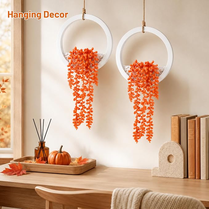 Der Rose 2 Pack Orange Hanging Artificial Succulent Plants, Fake Hanging Plants for Fall Decor, Bathroom, Living Room, Kitchen Wall, Shelf and Boho Farmhouse Decor - Image 4