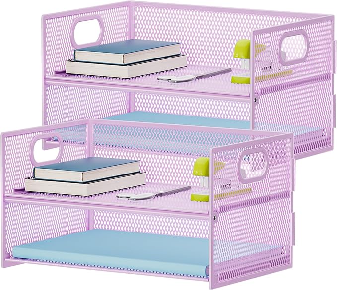 Marbrasse 2 Tier Paper Organizer Letter Tray, Mesh File Organizer with Handle, Paper Sorter Desk Organizer for Home Office Supplies - 2P Purple by Marbrasse