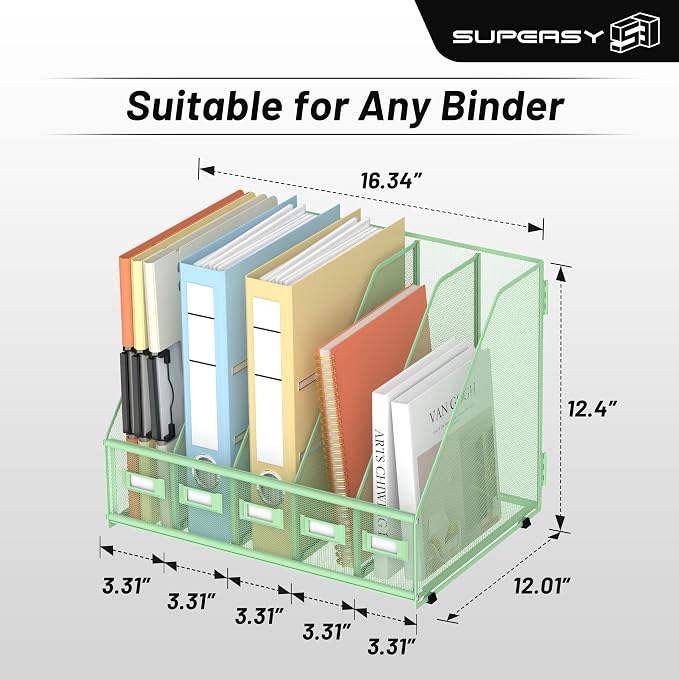SUPEASY Desk Organizers Metal Desk Magazine File Holder with 5 Vertical Compartments Rack File Organizer for Office Desktop, Classroom, Home Workspace, Green, Plus - Image 2
