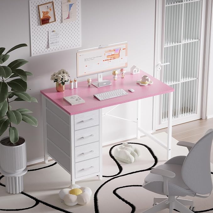 Pamray 32 Inch Computer Desk with 4 Drawers Small Office Desk for Home Bedroom Study Writing Simple Modern Computer Table Pink - Image 2