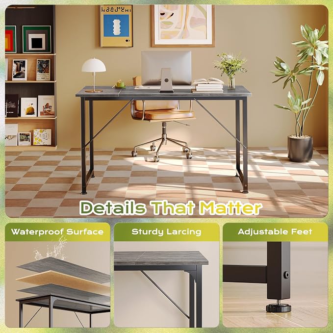 PRAISUN 47 Inch Computer Desk, Home Office Desk with Spacious Desktop, Grey | Modern Gaming Desk for Bedroom, Study, Work, Gaming & Writing, Large Legroom, Sturdy Metal Frame - Image 6