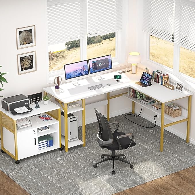 Unikito Reversible L Shaped Desk with Magic Power Outlets and USB Charging Ports, Sturdy Corner Computer Desk with Storage Shelves, Gaming Table Home Office Desk, Easy to Assemble, White and Gold - Image 2