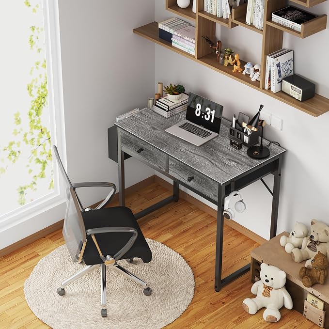 Lufeiya Small Desk with Drawers - for Bedroom, 32 Inch Home Office Computer Desk with Fabric Storage Drawer and Bag, Study Writing Table for Small Spaces, Gray - Image 2