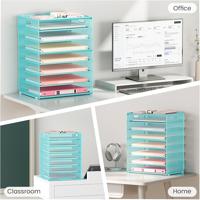 Lavatino 8-Tier Office Desk File Organizer, Letter Tray Paper Organizer with Handle, Including 5 Adjustable Slide Trays for Organizing Desktop Workspace Accessories and Supplies (Blue Metal Mesh) - Image 5