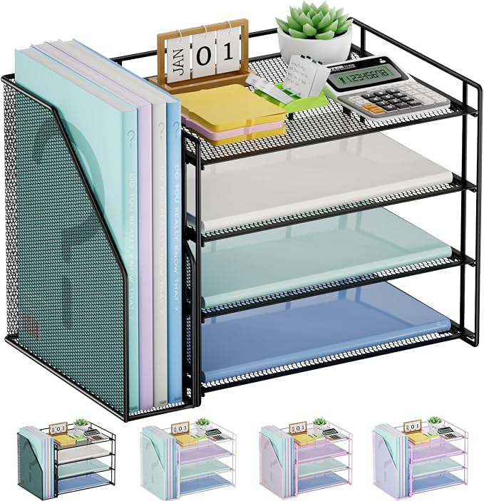 Marbrasse 4-Tier Paper Tray Organizer with File Holder, Black | Sturdy Paper Tray, Built-in File Holder, fits Letters/Docs, Saves Desk Space, for School/Office/Home by Marbrasse