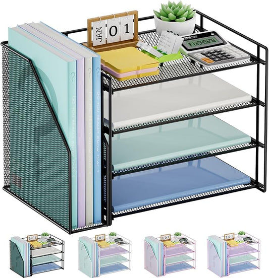 Marbrasse 4-Tier Paper Tray Organizer with File Holder, Black | Sturdy Paper Tray, Built-in File Holder, fits Letters/Docs, Saves Desk Space, for School/Office/Home by Marbrasse